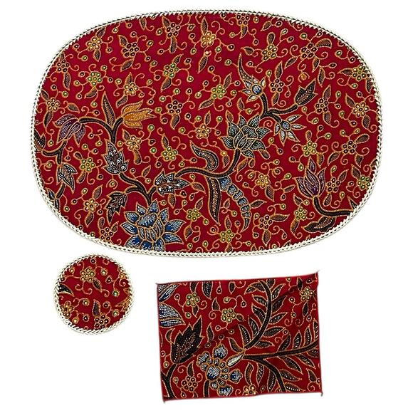 Vintage Placemats Coasters Napkins Set 6 Straw Back Batik Fabric Tiki Bar Patio - Picture 8 of 10